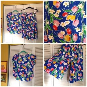 Vintage 2pc Floral Print Top Bottom Loungewear Set